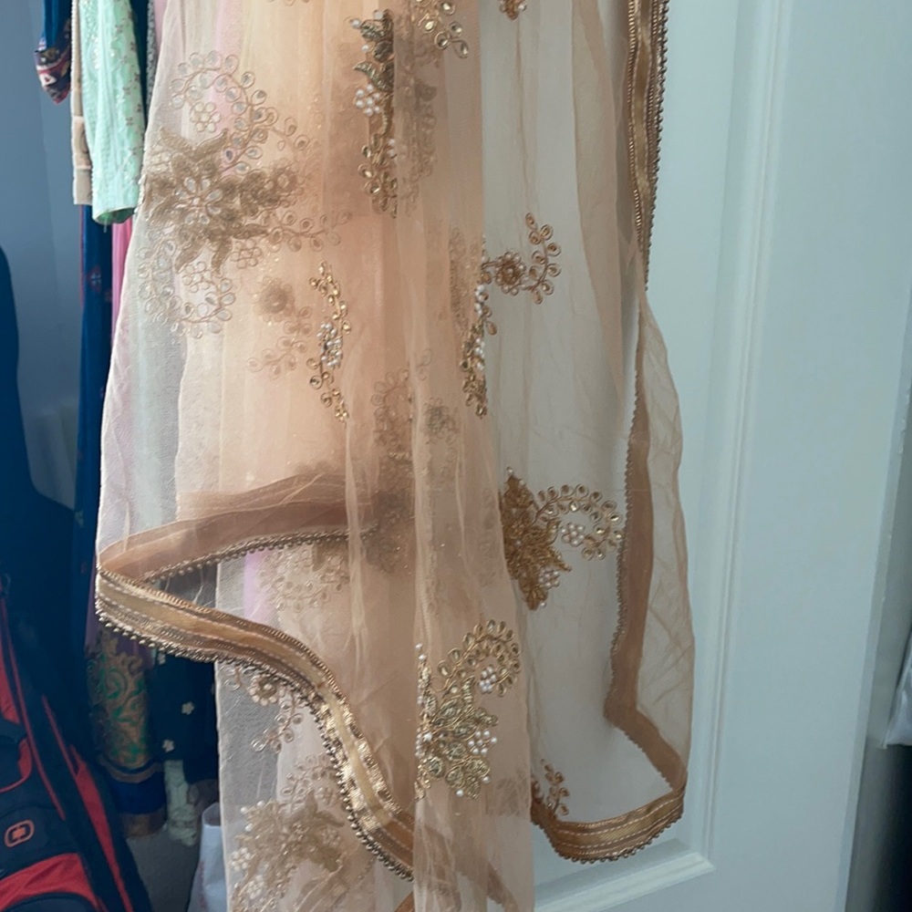 Gold Dupatta scarf with crystals and faux pearls